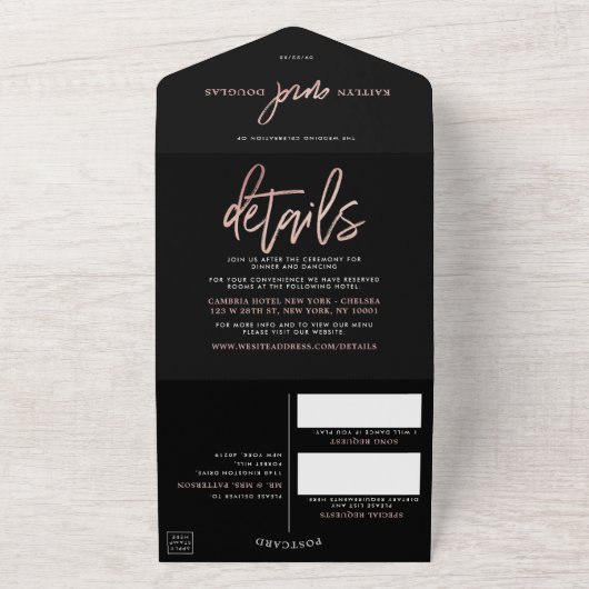 Moderne Roos Gold Foil Script Weddenschap All In One Uitnodiging (Buitenkant)