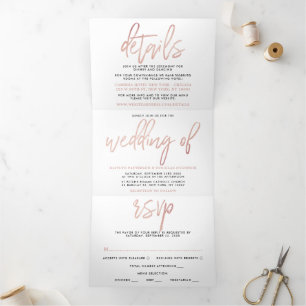 Moderne Roos Gold Foil Script Wedding Suite Drieluik Uitnodiging