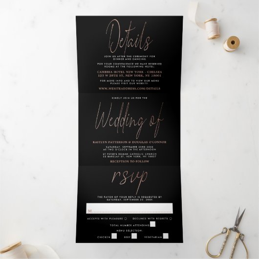 Moderne Roos Gold Foil Script Wedding Suite Drieluik Uitnodiging (Binnen)