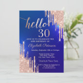 Moderne Roos Gold Glitter Drips Blue 30th Birthday Kaart (Staand voorkant)