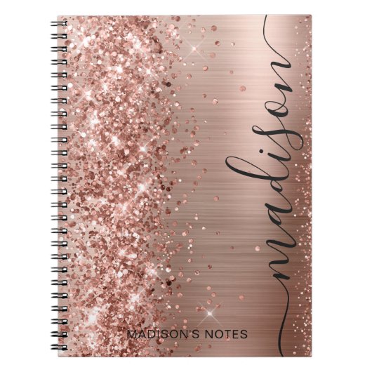 Moderne Roos Gold Glitter Metallic Monogram Script Notitieboek (Voorkant)