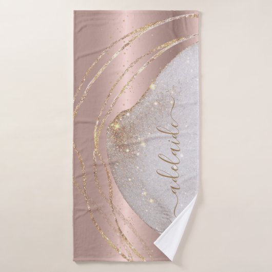 Moderne Roos Gold Glitter Monogram Chic Script Nam Bad Handdoek (Badhanddoek)