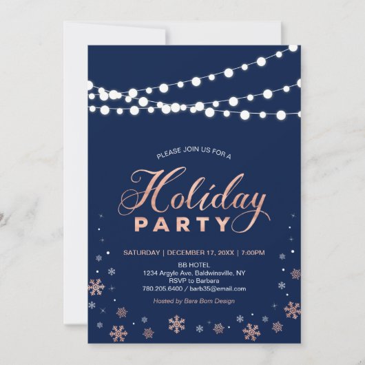 Moderne Roos Gold & Navy Holiday Party Kaart (Voorkant)