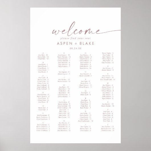 Moderne Roos Gold Script Alfabetical Seating Chart Poster (Voorkant)