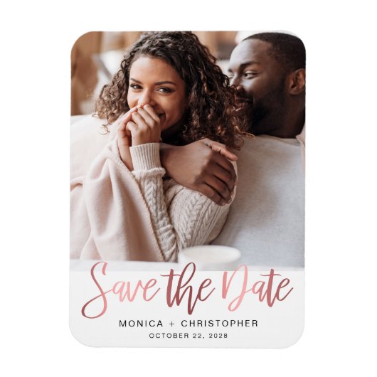 Moderne Roos Gold Script Photo Save the Date Magneet (Verticaal)