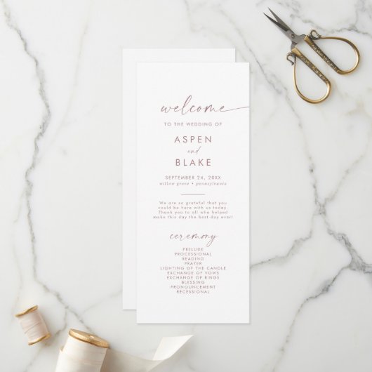 Moderne Roos Gold Script Wedding Program Programma (Voorkant / Achterkant in situ)