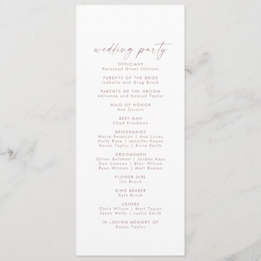 Moderne Roos Gold Script Wedding Program Programma (Achterkant)