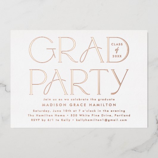 Moderne Roos Gold Typografie Graduation Party Folie Uitnodiging (Voorkant)