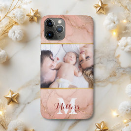 Moderne roos gouden glitter marmeren monogram foto iPhone 11 pro hoesje