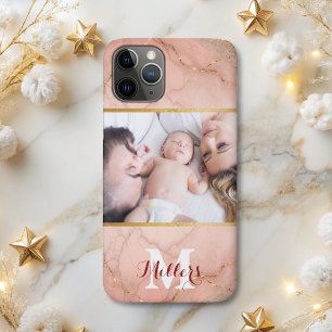 Moderne roos gouden glitter marmeren monogram foto iPhone 11 pro hoesje