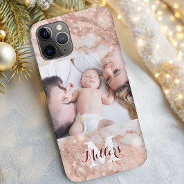 Moderne roos gouden glitter marmeren monogram foto iPhone 11 pro hoesje