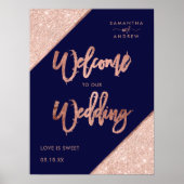 Moderne roos goudglitter marvy blue welkomstbruilo poster (Voorkant)