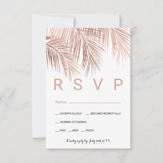 Moderne roos goudpalm eten RSVP bruiloft (Voorkant)
