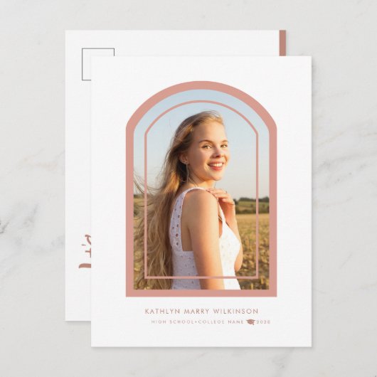 Moderne Roos Roze Arch Eenvoudige Foto Afstuderen Uitnodiging Briefkaart (Voorkant / Achterkant)