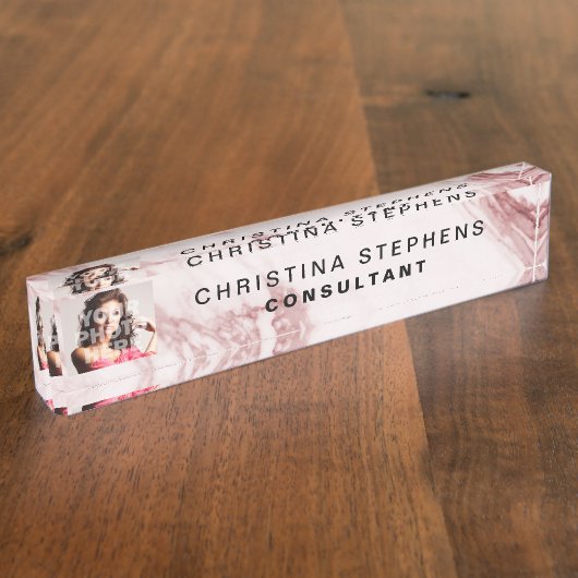 Moderne Roos Roze Blush Marble Stone Pattern Foto Naambordje (Zijkant)