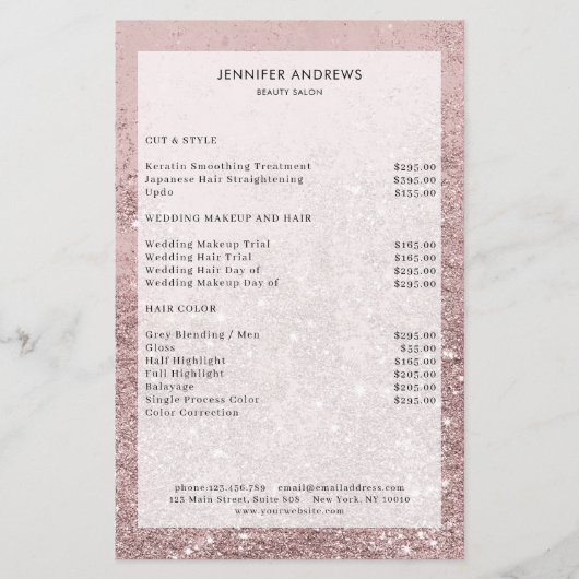 Moderne Rosegold Glitter Salon Prijslijst Flyer (Voorkant)
