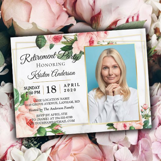 Moderne Rosy Blush Floral Foto Retirement Party Kaart