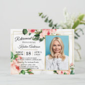 Moderne Rosy Blush Floral Foto Retirement Party Kaart (Staand voorkant)