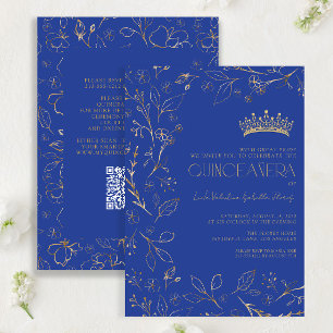 Moderne Royal Blue Gold Floral Tiara QR Quinceañer Kaart