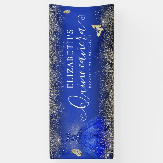Moderne Royal Blue Gouden Gown Quinceañera Welkom Spandoek (Verticaal)