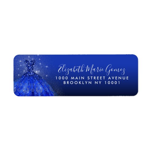 Moderne Royal Blue Zilveren Glitter Gown Quinceane Etiket (Voorkant)