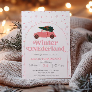 Moderne Roze Auto Winter Onederland 1e verjaardag Kaart