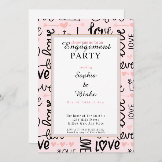 Moderne roze & Black Love Engagement Party Kaart (Voorkant / Achterkant)