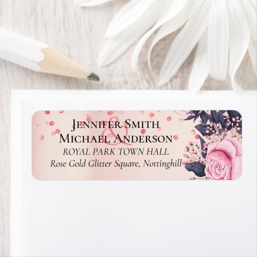Moderne roze blauwe bloemige bruiloft etiket (Insitu)