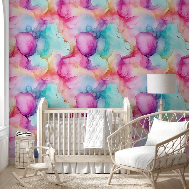 Moderne Roze Blauwe Pastel Alcoholinkt Abstract Behang (Kinderen)