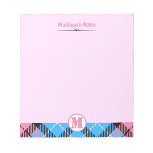 Moderne roze blauwe stip Tartan Monogram Naam Notitieblok