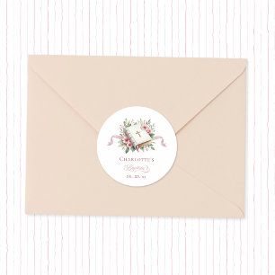 Moderne Roze Bloem Doopsticker Ronde Sticker
