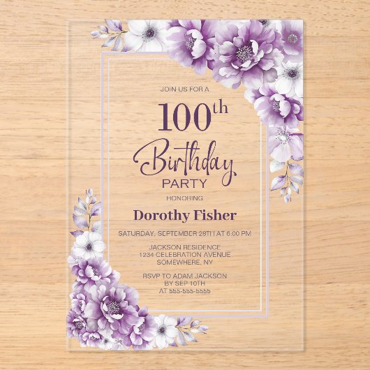 Moderne Roze Bloemen 100ste Verjaardagsfeest Acryl Uitnodigingen (Voorkant)