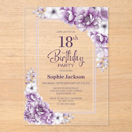 Moderne Roze Bloemen 18e Verjaardagsfeest Acryl Uitnodigingen (Voorkant)