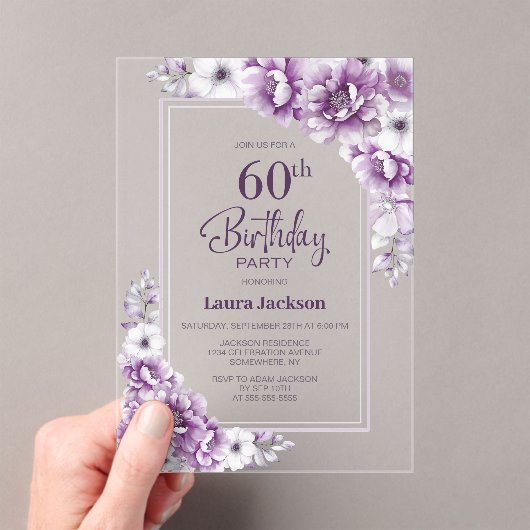 Moderne Roze Bloemen 60ste Verjaardagsfeest Acryl Uitnodigingen (Insitu (Draagbaar))