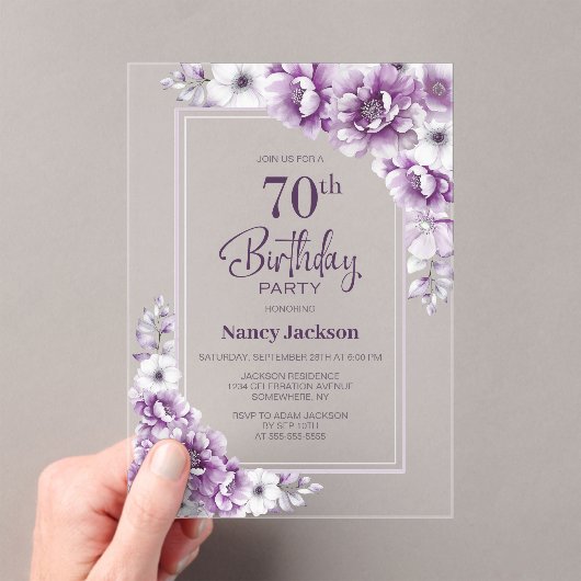 Moderne Roze Bloemen 70e Verjaardagsfeest Acryl Uitnodigingen (Insitu (Draagbaar))