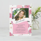 Moderne roze bloemen Afstuderen uitnodiging (Staand voorkant)