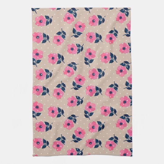 Moderne roze bloemen beige poka Dots Theedoek (Verticaal)
