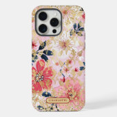 Moderne Roze Bloemen Glitter Chic Gepersonaliseerd iPhone Hoesje (Achterkant)