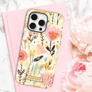 Moderne Roze Bloemen Glitter Chic Gepersonaliseerd iPhone 15 Pro Max Hoesje
