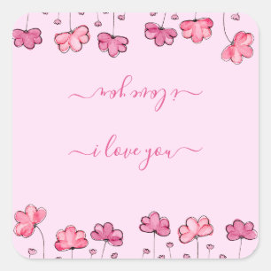 Moderne roze bloemen, ik hou van je vierkante sticker