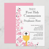 Moderne roze bloemeneerste heilige communie uitnod kaart (Voorkant / Achterkant)