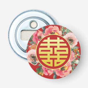 Moderne roze bloemenkrans chinese bruiloft button flesopener