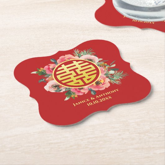 Moderne roze bloemenkrans chinese bruiloft kartonnen onderzetters (Gekanteld)