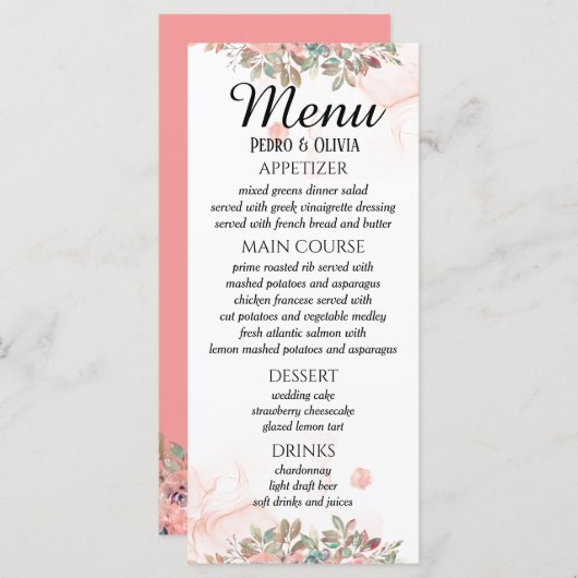 Moderne roze bloemige bruiloft menu (Voorkant / Achterkant)