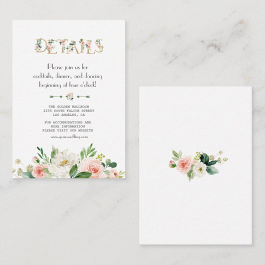 Moderne Roze Bloemige Letters Trouwdetails Informatiekaartje (Voorkant / Achterkant)