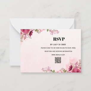 Moderne Roze Bloemige QR Code Trouw RSVP Kaart Notitiekaartje