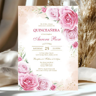 Moderne roze bloemige Quinceanera uitnodiging
