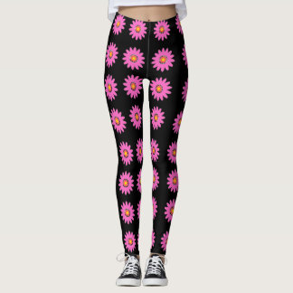 Moderne roze bloempatroon op zwarte achtergrond leggings