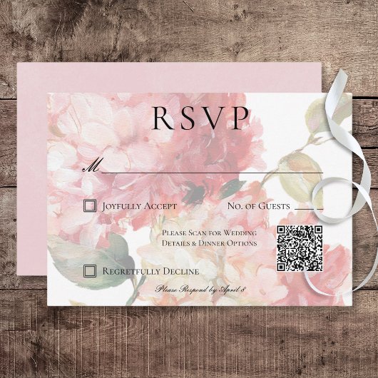 Moderne Roze Blush Hydrangea Trouw QR Code RSVP Kaartje