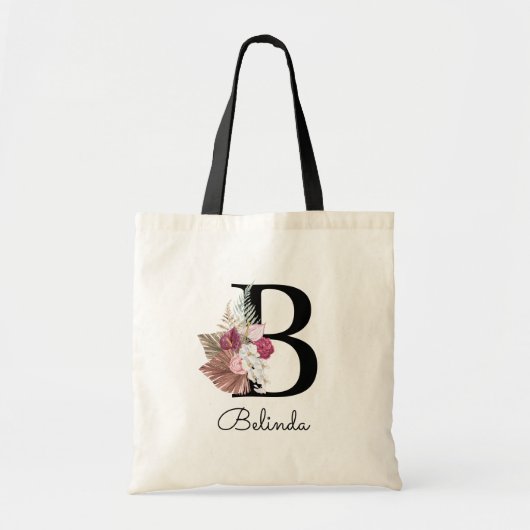 Moderne Roze Boho Meisjesachtig Bloemstuk Initiaal Tote Bag (Voorkant)